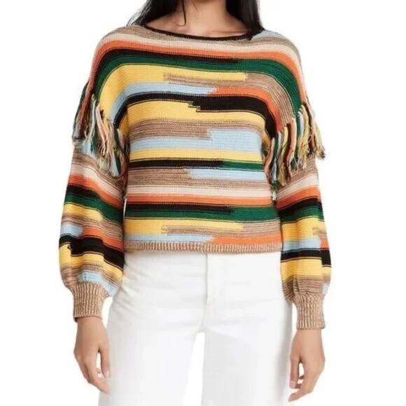 Alice + Olivia Claudette Fringe Sweater Striped Multi Color XS - Picture 1 of 12